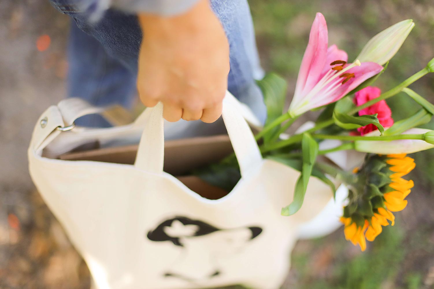Custom tote bag filled with flowers