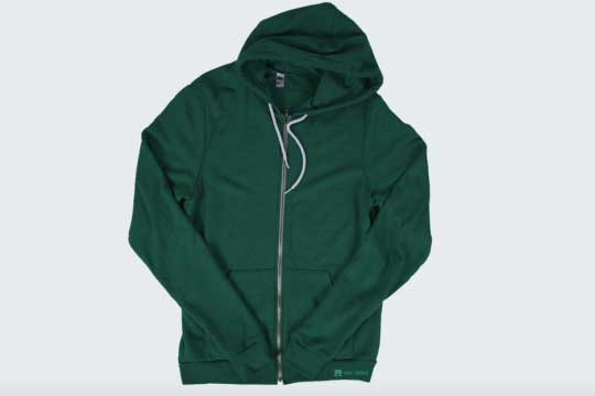 green zip up hoodie flat lay