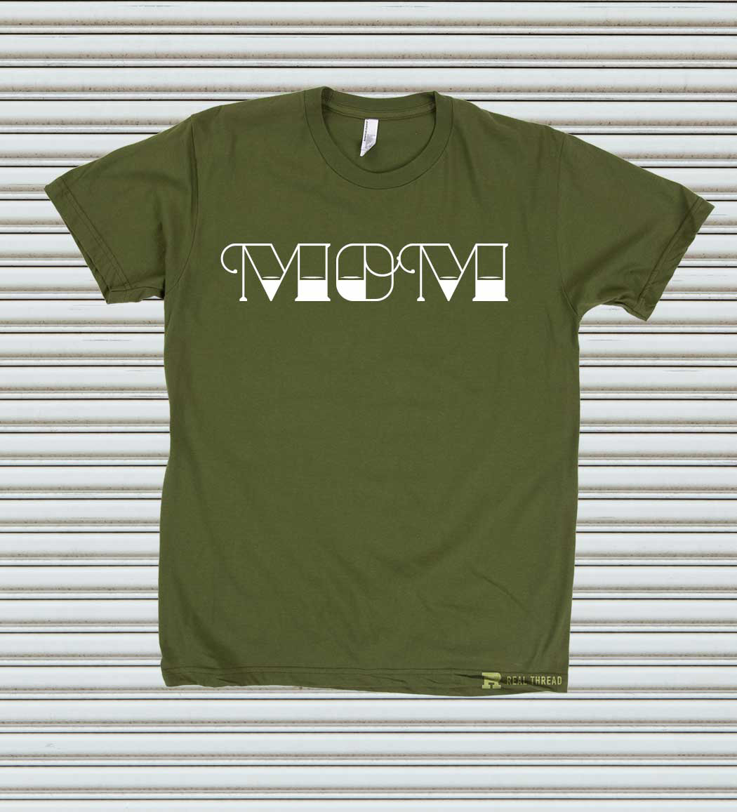 olive green shirt with white text