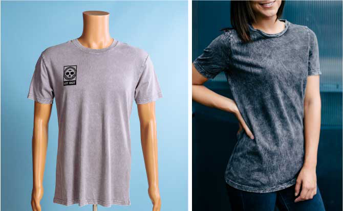 manaquin modeling shirt and young woman modeling black acid wash shirt