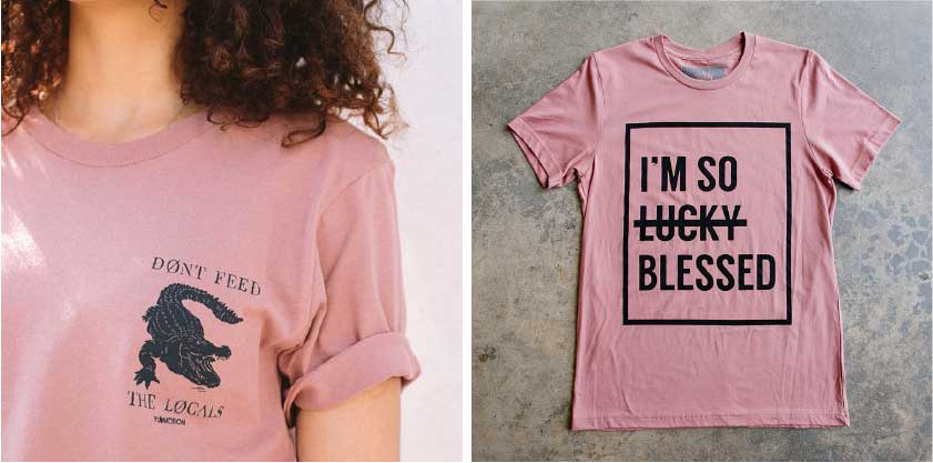 two pink shirts with black graphic print