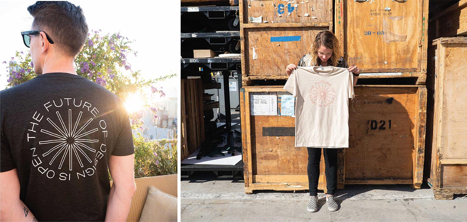 man and woman modeling Abstract shirts outside 