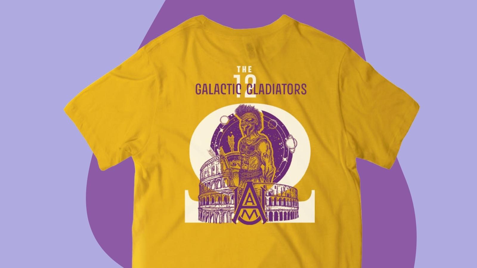 Yellow shirt with purple gladiator against a white omega symbol against a purple background