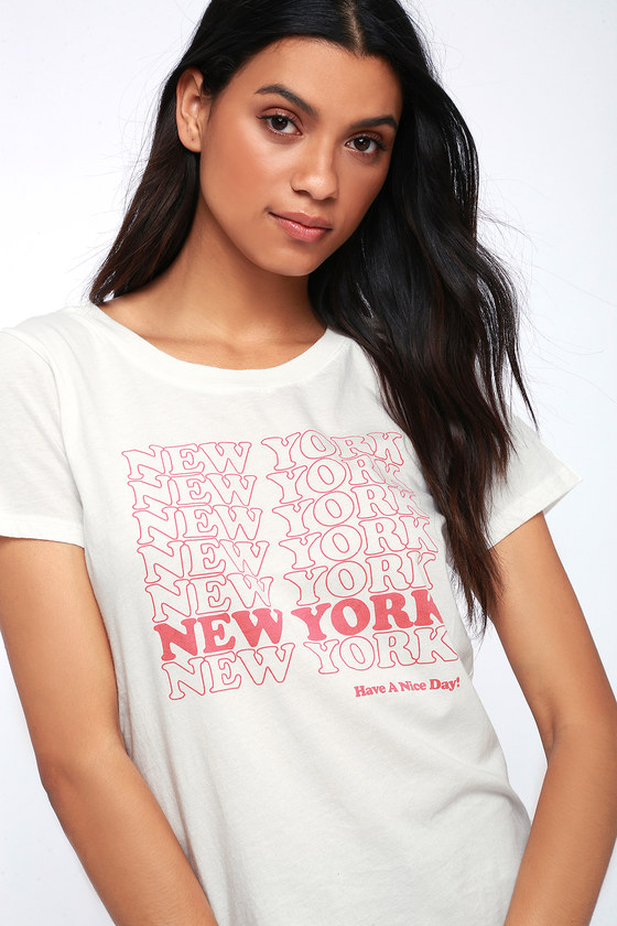 A shirt with repeating text that says "NEW YORK."