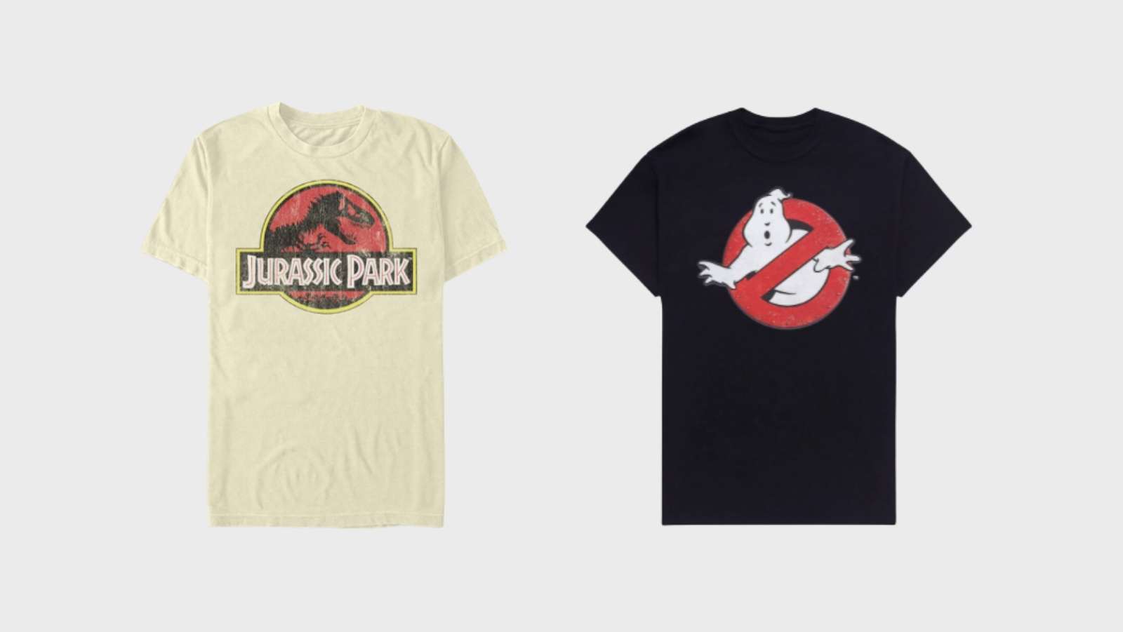 A cream shirt with the Jurassic Park logo and a black shirt with the Ghostbusters logo