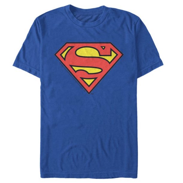 An iconic Superman shirt: royal blue with Superman's red and yellow S.