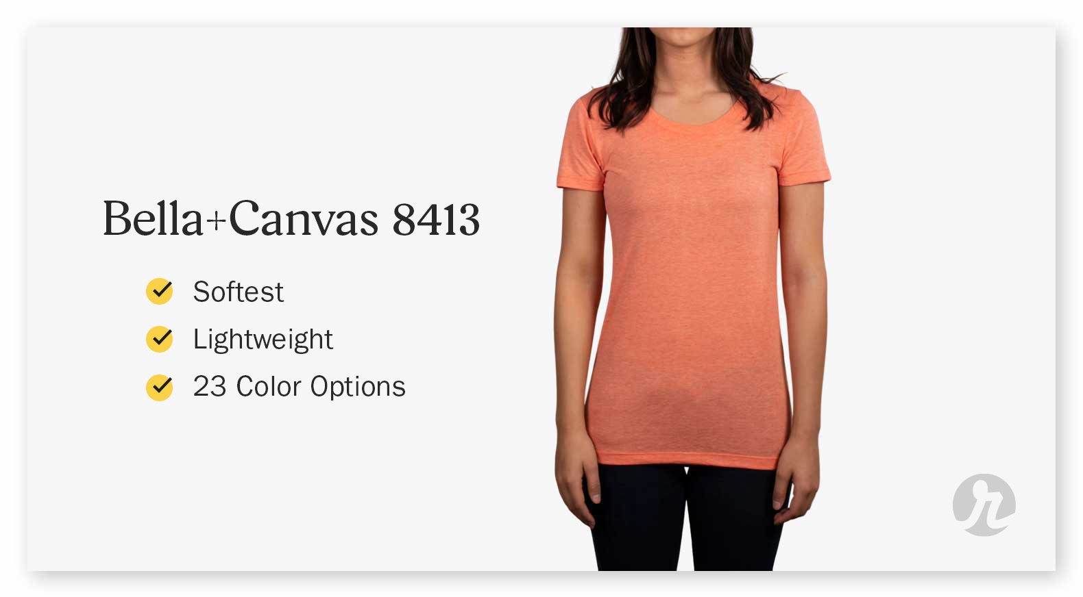 A woman wearing a peach-colored Bella+Canvas 8413 shirt