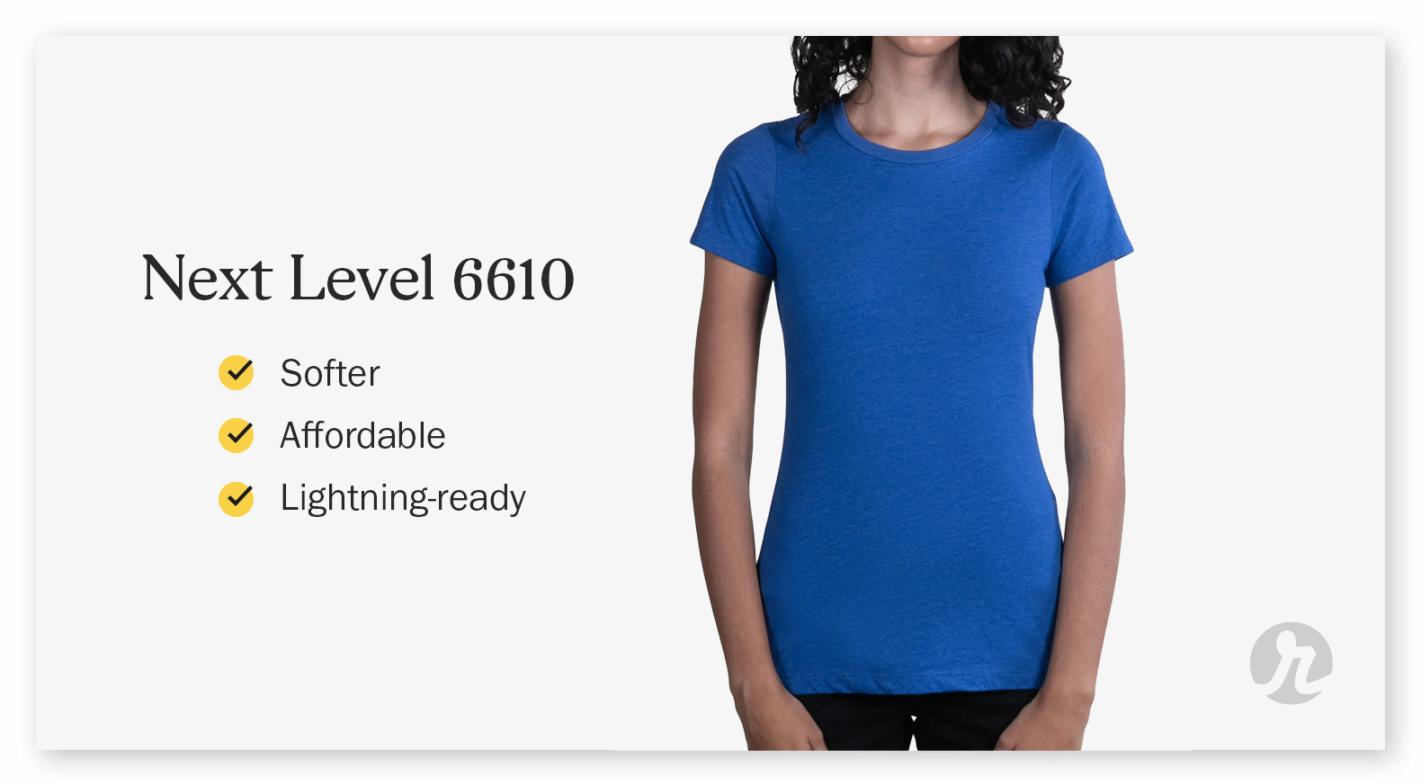 A woman wearing a blue Next Level 6610 shirt
