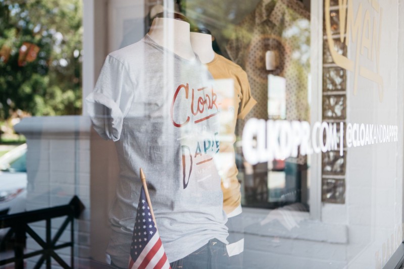 Cloak & Dapper t-shirt window display
